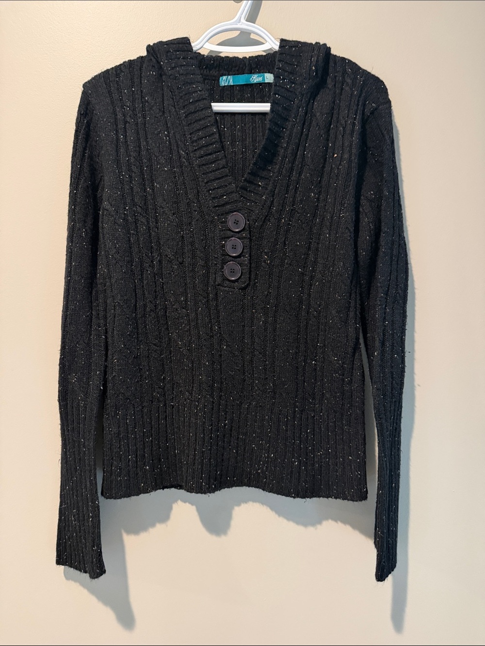 Kismet Black V-Neck Cable Knit Sweater with Button Placket